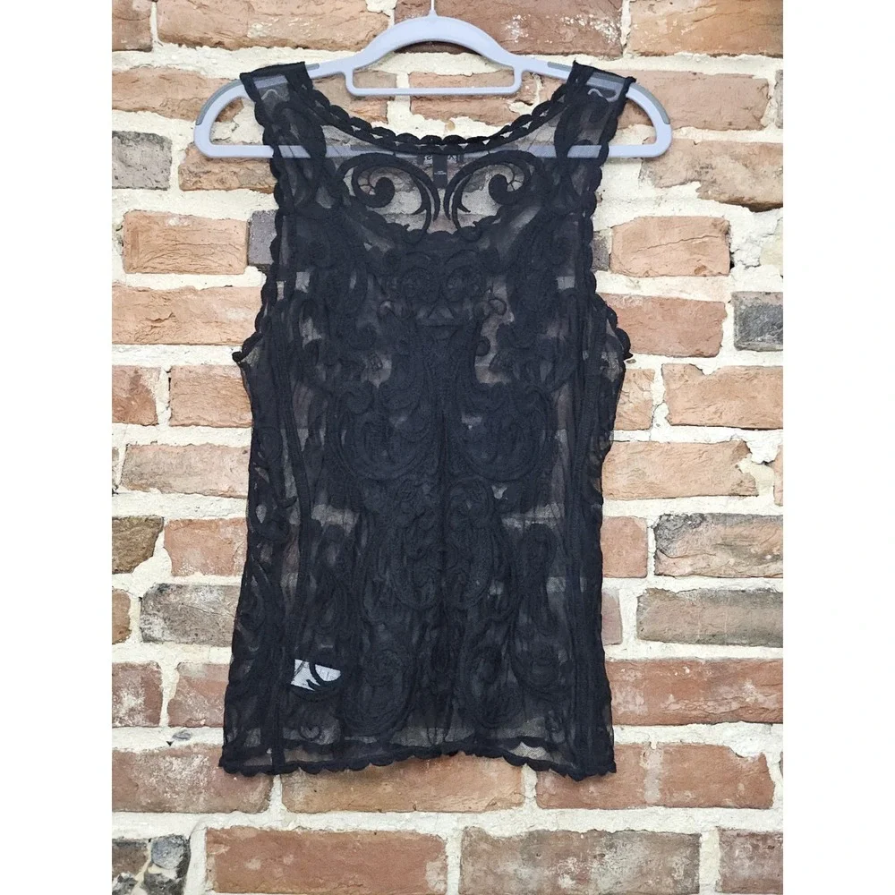 Express Black Sheer Lace Tank Top Women's Size XS Gothic Boho Embroidered Mesh - Picture 2 of 7